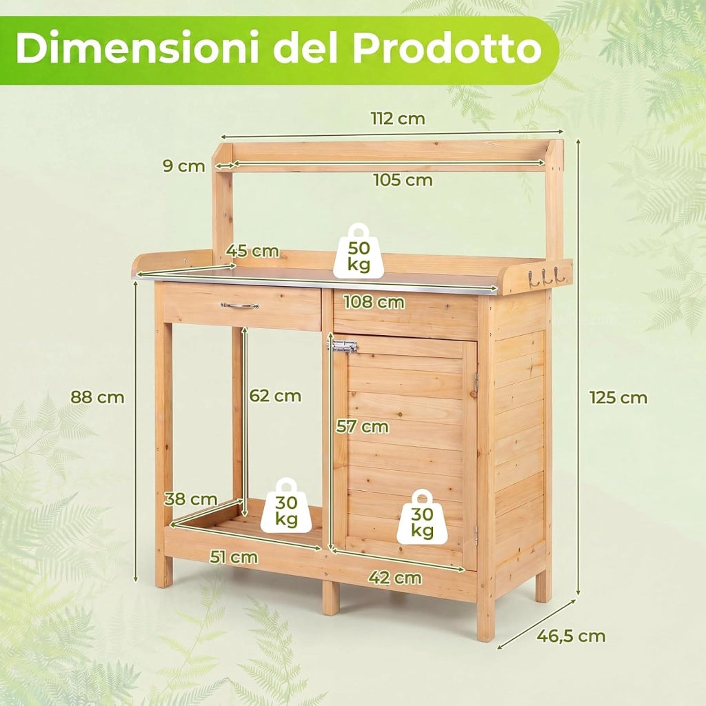 Tavolo da Giardinaggio in Legno con Piano in Acciaio (Legno) | Tavolo per Piante con Ripiani Aperti, Armadietto, Cassetto e 3 Ganci, Banco da Lavoro per Giardino e Balcone, 112x46,5x125 cm