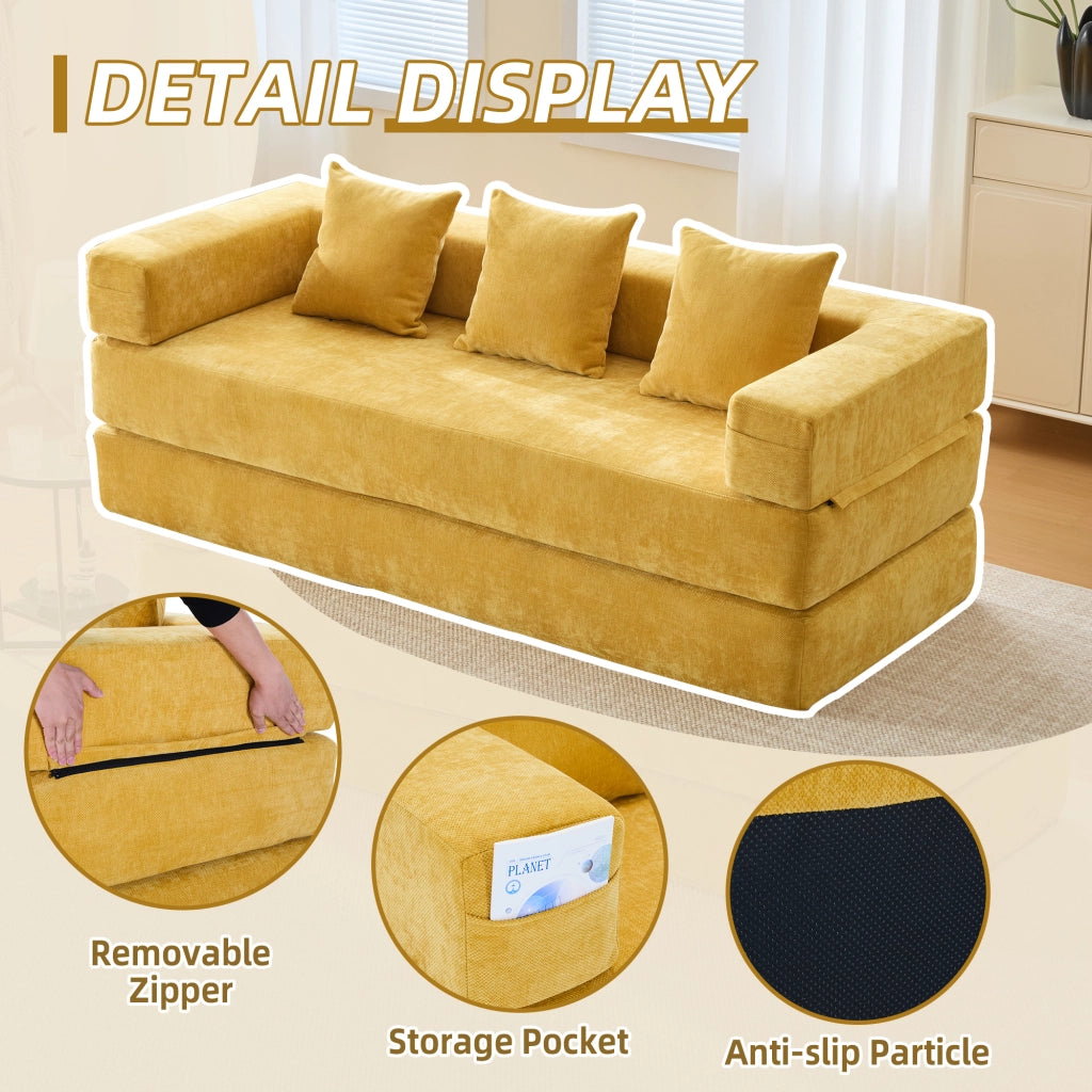 Divano modulare in chenille color senape con tasche laterali, base antiscivolo e imbottitura in schiuma