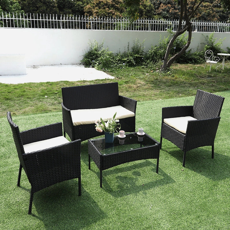 Set di mobili da giardino in polyrattan, nero, 7 pezzi, con cuscino e tavolo, per esterni, giardino, terrazza