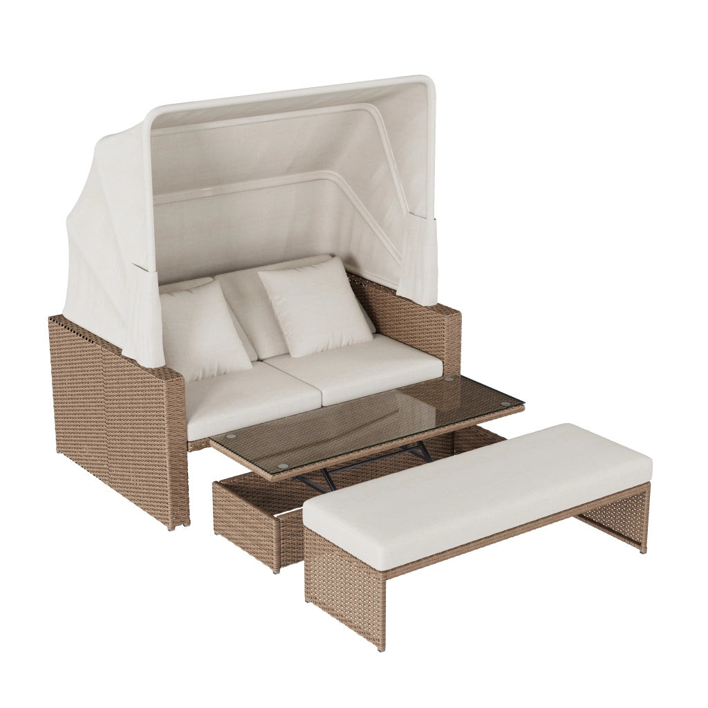 Mobili giardino polyrattan 2-4 persone: Divanooo lounge + tavolino regolabile + tendalino; kaki