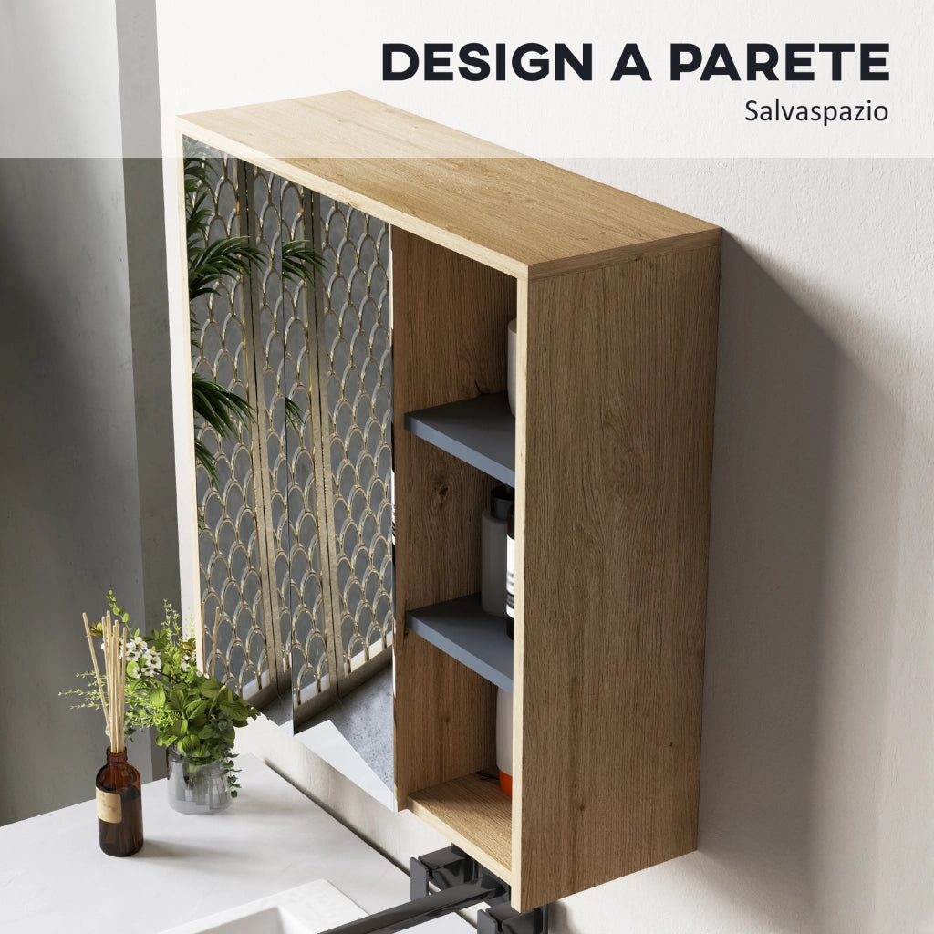 Specchio da Bagno Contenitore con 2 Ante 60x20x60 cm con Specchio e Scomparto Aperto Naturale