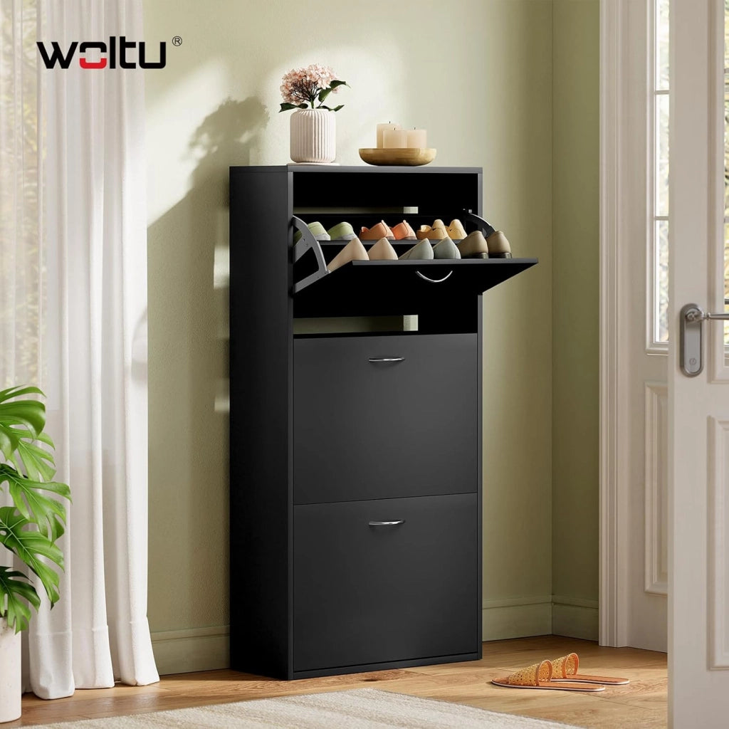 Scarpiera con 3 Cassetti a Ribalta, Portascarpe Stretto con Ripiani Regolabili, Capienza 14-18 Paia, 58x23x118 cm, Nero, per Corridoio e Soggiorno