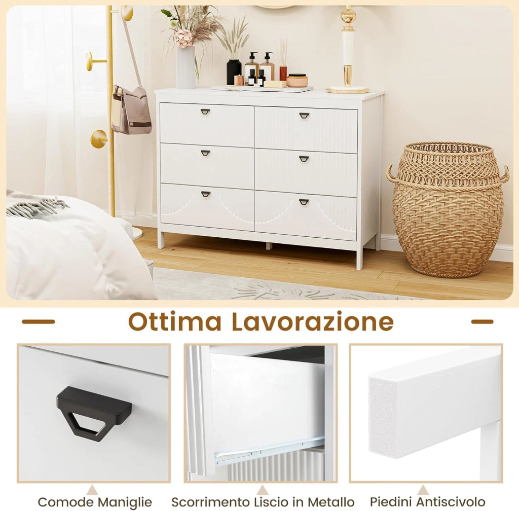 Comò a 6 Cassetti, Cassettiera Multifunzionale a 3 Ripiani, Armadio da Stoccaggio con Kit Anti-Ribaltamento, Ampio Spazio per Camera da Letto Soggiorno Ingresso, 106 x 40 x 79 cm