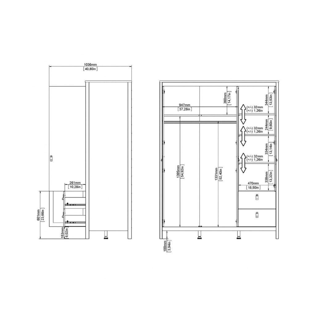 Guardaroba 3 ante Rufina, Mobile camera da letto, Cabina armadio portabiti, Armadio appendiabiti, 150x58 h199 cm, Bianco