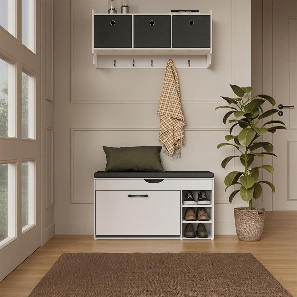 Vicco Panca scarpiera da ingresso Solino, Bianco/nero, 90 x 50 cm con sedile