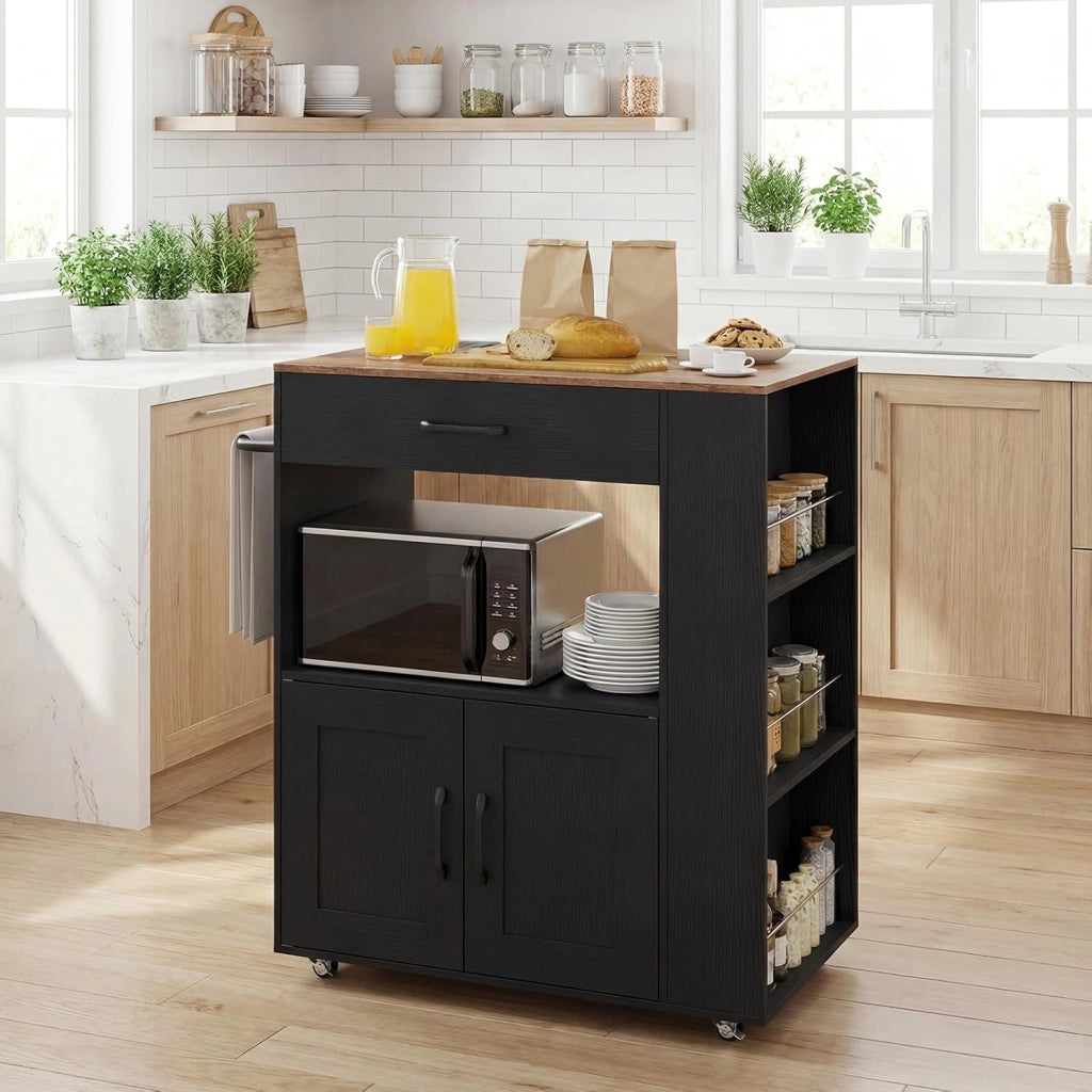 Carrello da Cucina con Ruote, Isola da Cucina con 3 Portaspezie 1 Cassetto Armadietto a 2 Porte, Carrello Portaoggetti con Portasciugamani,82x46x92 cm (Nero, con presa)