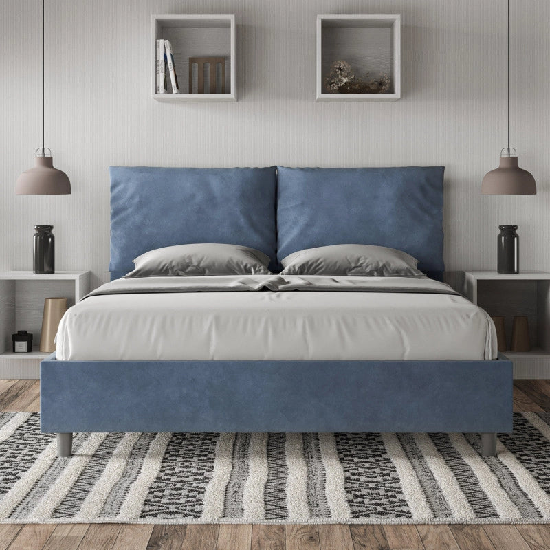 Letto imbottito Letto Matrimoniale alla Francese 150x190 cm Large - Con rete,Microfibra,Blu