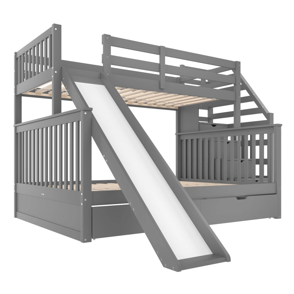 Letto a castello 90x200/140x200 con scivolo, cassetti e scala grigio