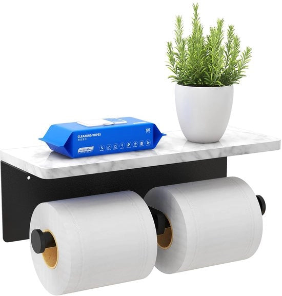 Houder per due rotoli di carta igienica in marmo con mensola, supporto per carta igienica per cucina da appendere al muro, supporto per carta igienica in marmo grigio scuro, supporto per carta igienica per la stanza da bagno