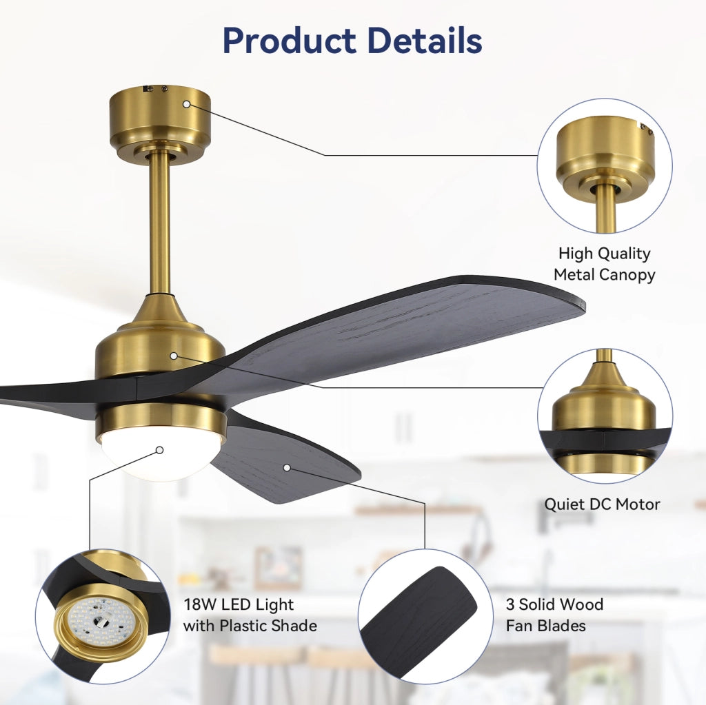 Ventilatore da soffitto reversibile con LED dimmerabile; motore DC; telecomando; legno oro