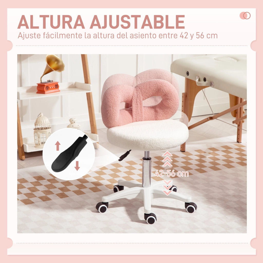 Sgabello con Schienale Regolabile in Altezza e Ruote ¨C zephmum ¨C Tessuto Borreguito Bianco e Rosa 63-77 cm