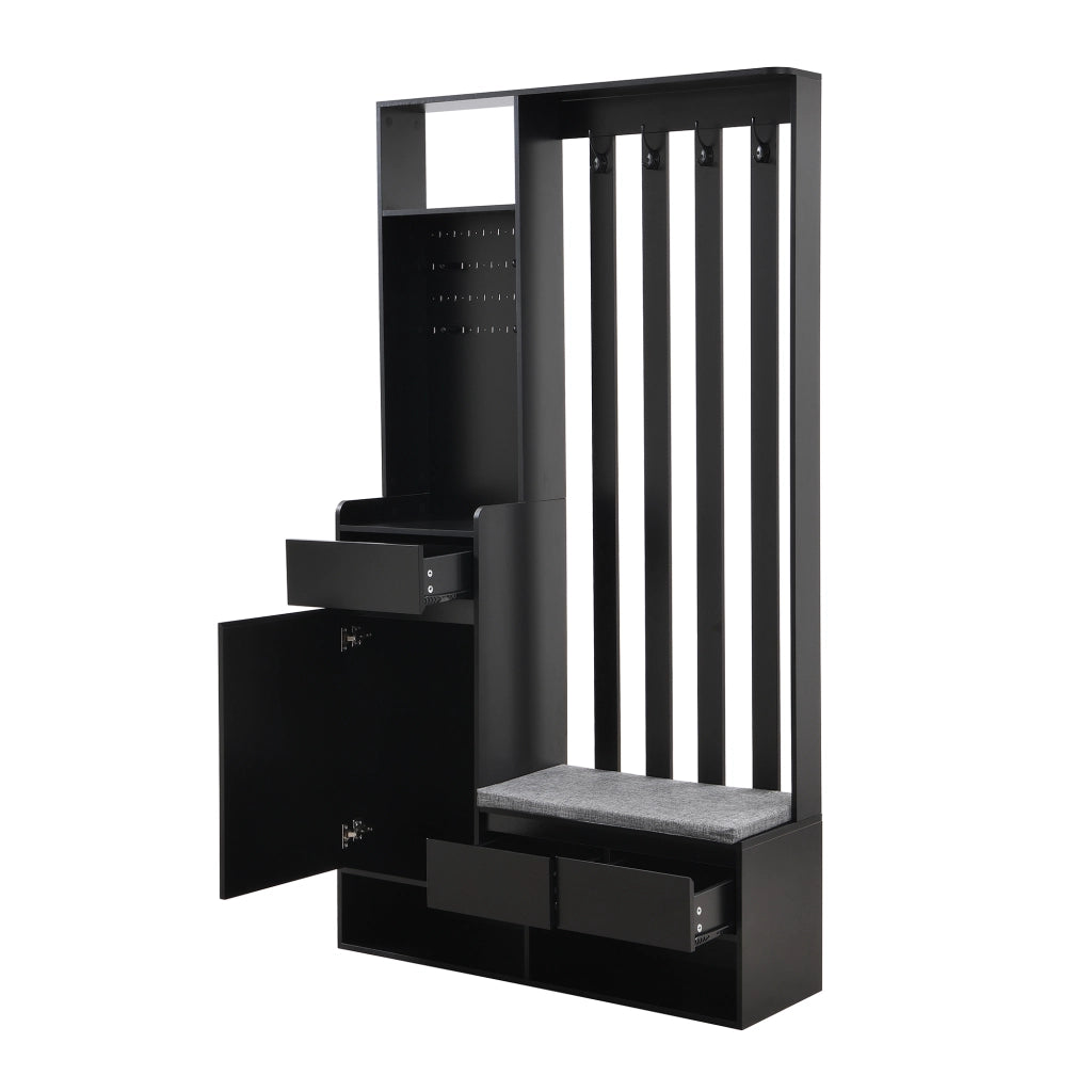 Mobile d'Ingresso con Panca Imbottita; Pannello Forato; 4 Ganci e 1 Cassetto; Stile Moderno; in MDF; 100??35??180 cm; Nero