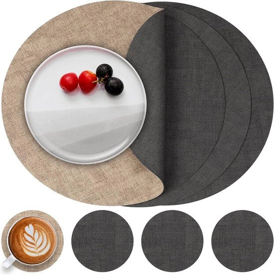 Piatti per tavolo in pelle - Tavoli per caffè a forma rotonda - Piatti per tavolo impermeabili e lavabili - Set di 4 pezzi - Grigio Beige
