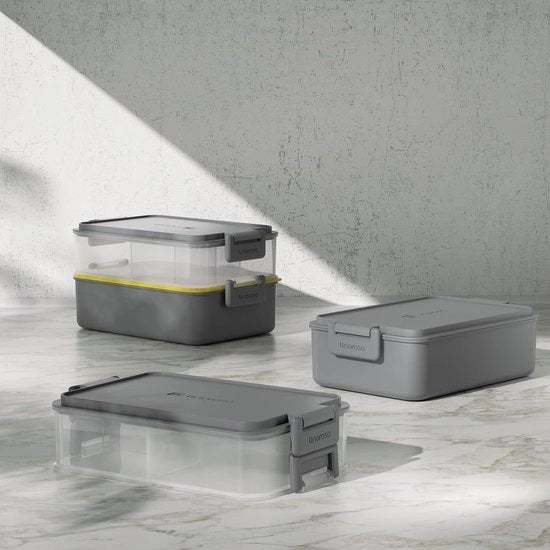 Lunch Box per Adulti con 3 Compartimenti Bento Box con Contenitore per Salsa e Piatti per Maggiorazione e Lavastoviglie in Plastica BPA- Libero - Grigio