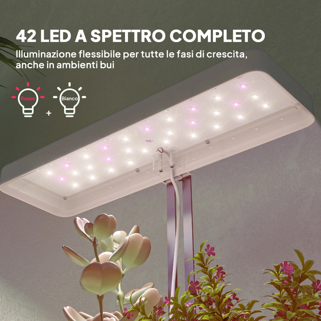Lampade per Pianta da 42 Luci LED con 3 Vasi, Timer e Illuminazione Regolabile, 45x18.8x47.8 cm, Bianco