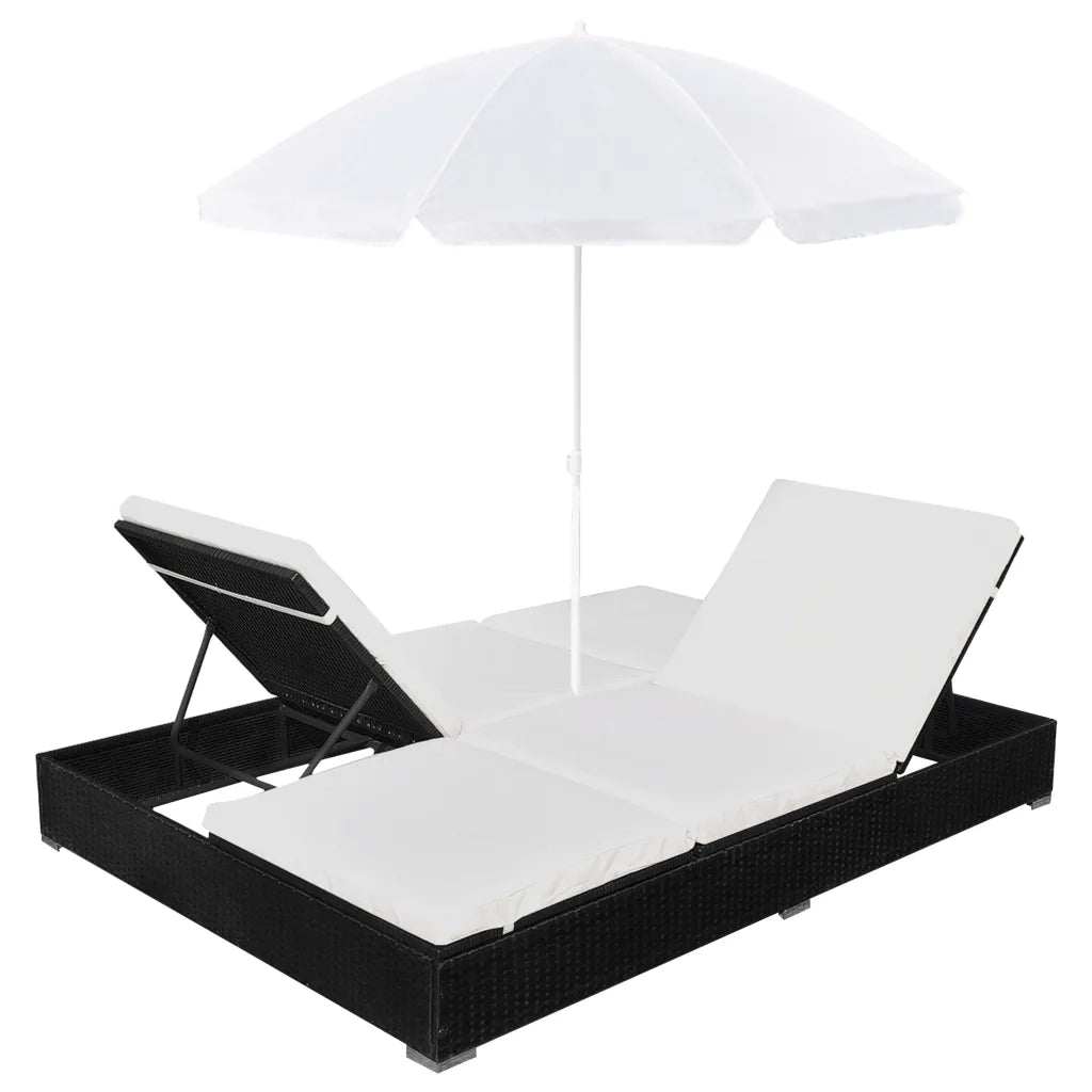 Lettino Prendisole | Sdraio da giardino | Lettino da sole con Ombrellone in Polyrattan Nero