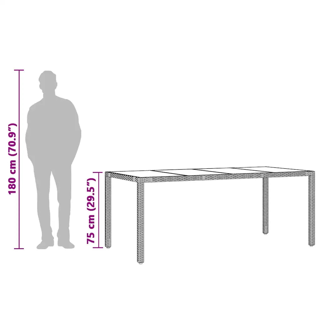 Tavolo da Giardino Piano in Vetro Nero 190x90x75 cm Polyrattan