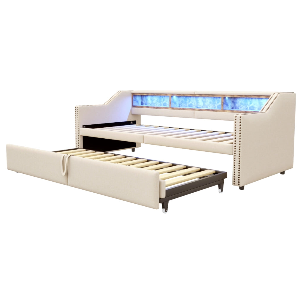 Letto imbottito estraibile 90/180 x 200 cm con LED; USB; contenitore laterale e 2 materassi beige