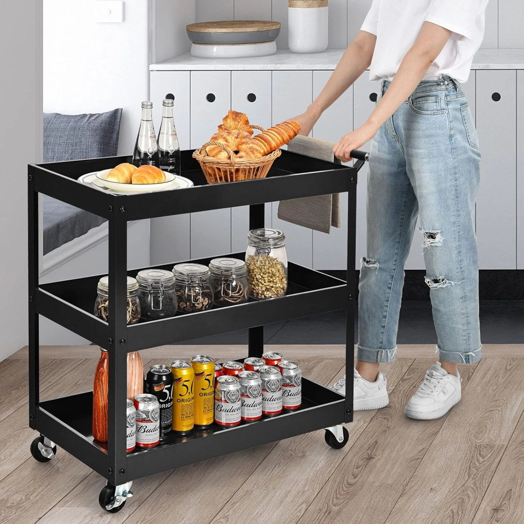Carrello da Cucina con 3 Livelli, Carrellino Multifunzionale con Ruote Flessibili, Carrello di Servizio Resistente con Maniglia Comoda, Ideale per Ufficio Garage Magazzino Biblioteca (Nero)