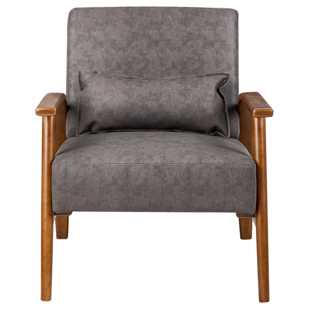 Poltrona marrone scuro in ecopelle con gambe in legno, braccioli e cuscino Retro Classico Soggiorno Tradizionale