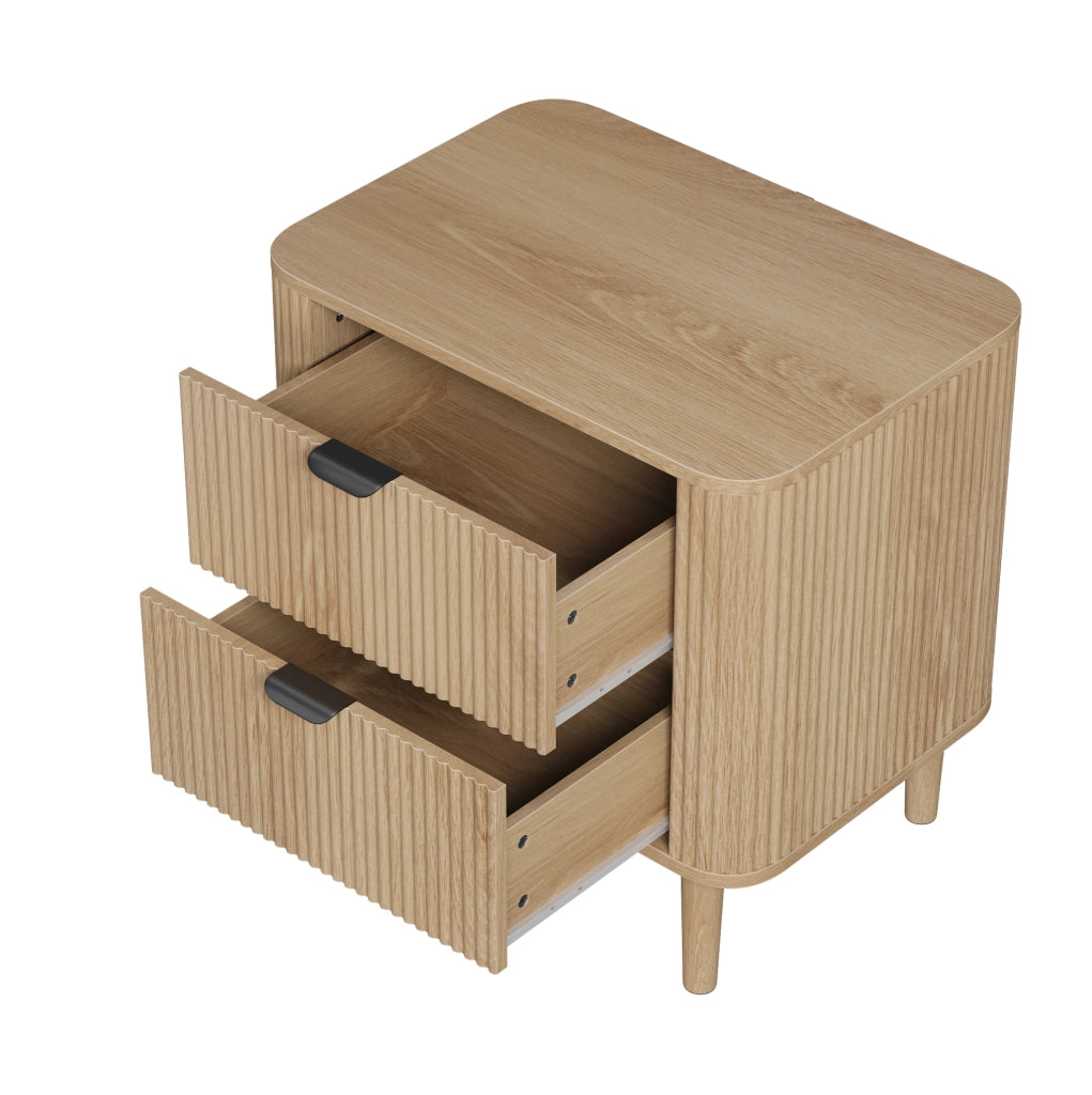 Comodino 2 cassetti in MDF effetto rovere con gambe in legno HAVRYA