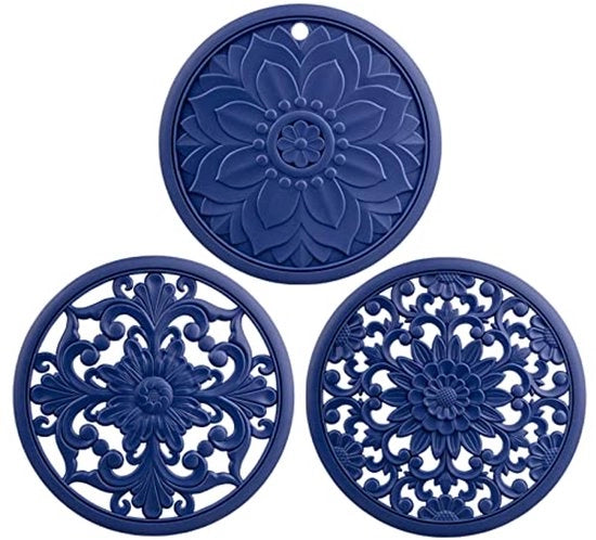 Stativo in silicone per piatti caldi, sottopiatto antiscivolo, sostituto di supporto termoresistente per la cucina, piede termoresistente per pentole e padelle, mat mattoncino in silicone per piano e tavolo, set di tre stativi in silicone (blu).