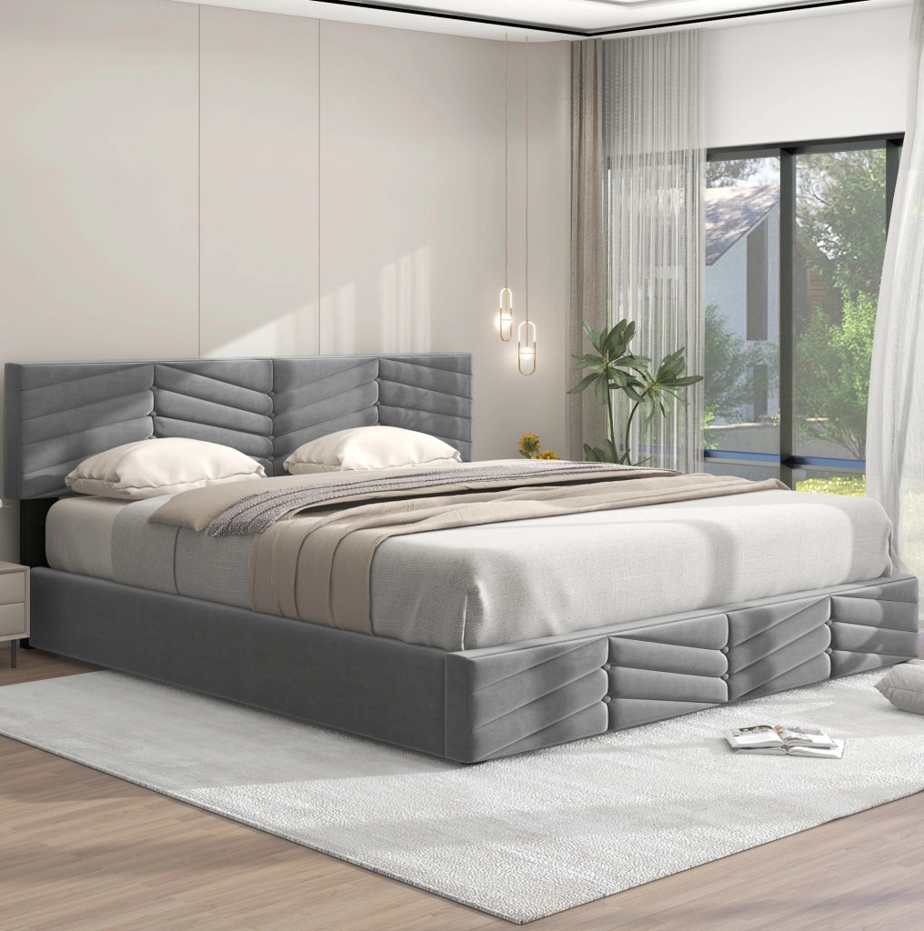 Letto matrimoniale imbottito 180x200 cm in velluto grigio con testiera regolabile e contenitore
