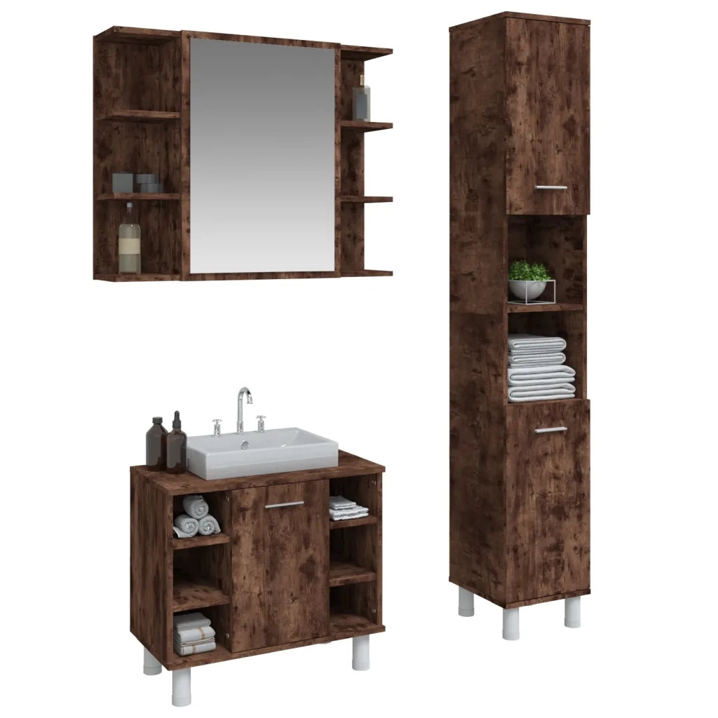 Set Mobili da Bagno | Armadio da bagno 3 pz Rovere Fumo in Legno Multistrato