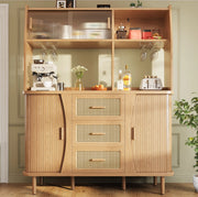 Credenza 140x40.5x174.5 cm con ante scorrevoli in vetro; 3 cassetti e ripiani aperti in MDF e metallo; naturale