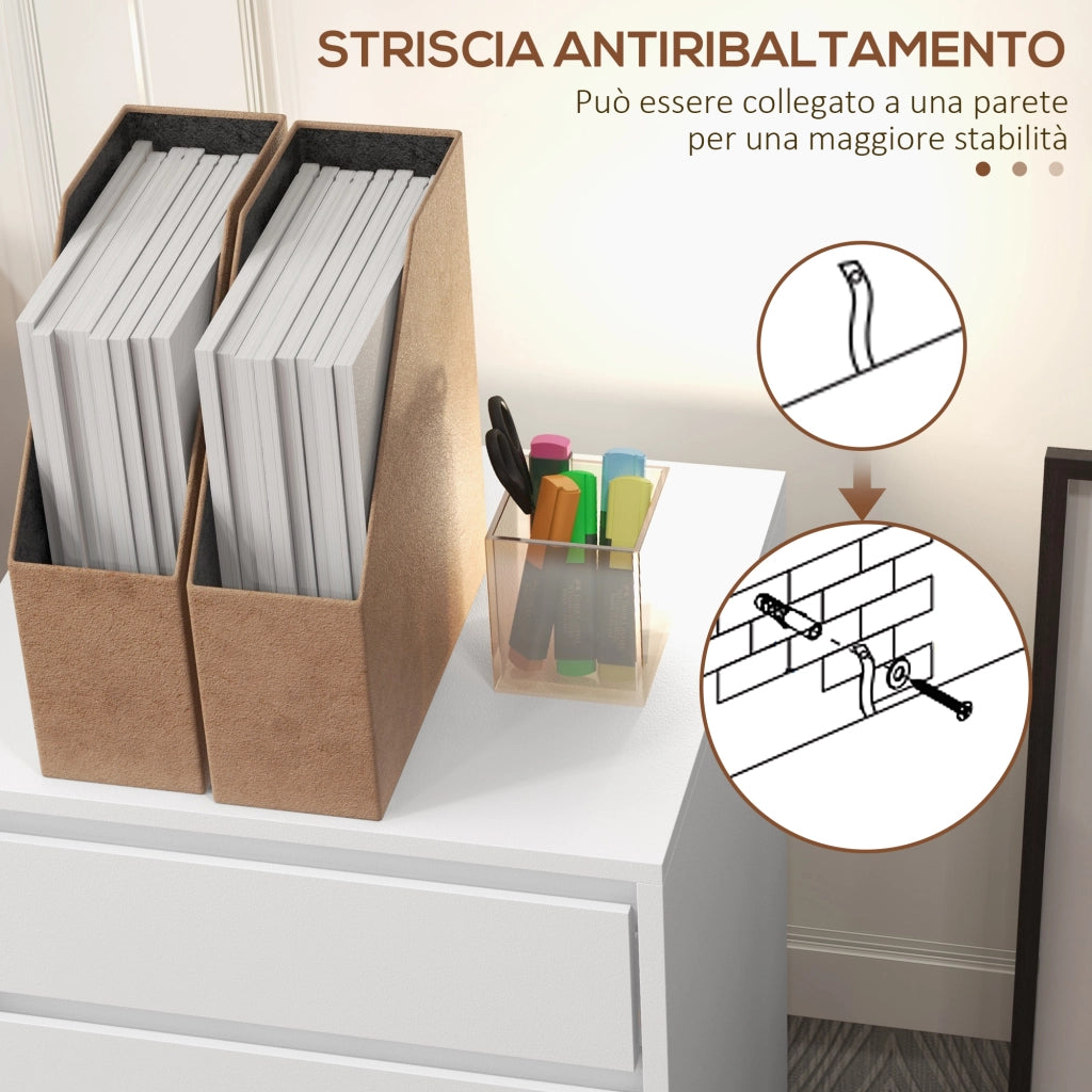 Cassettiera da Ufficio 46x40x65 cm con 4 Cassetti e Ruote con Freno in Legno MDF Bianco