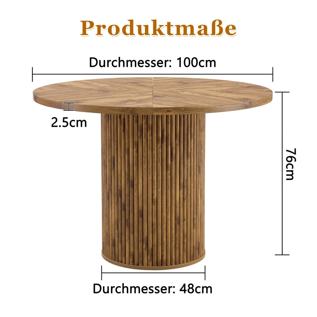 Tavolo da pranzo rotondo in MDF e metallo con piano a 4 segmenti e base cilindrica, per cucina, effetto legno, 100 × 76 cm