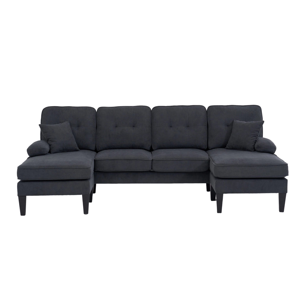 Divano a U a 4 posti in tessuto di lino con tasche laterali, porte USB tipo C e due chaise longue, grigio scuro