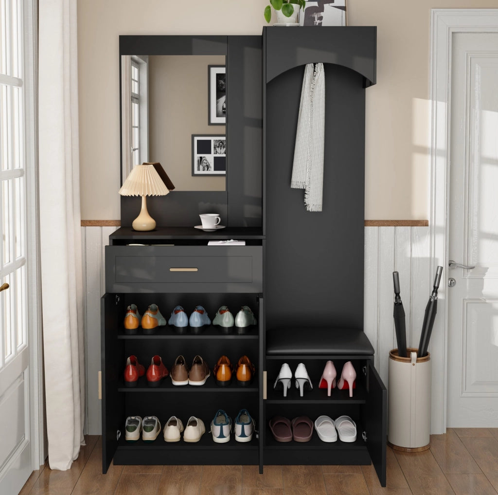 Mobile ingresso compatto 4 in 1 con specchio; scarpiera e appendiabiti; 110x33x185;5 cm; nero