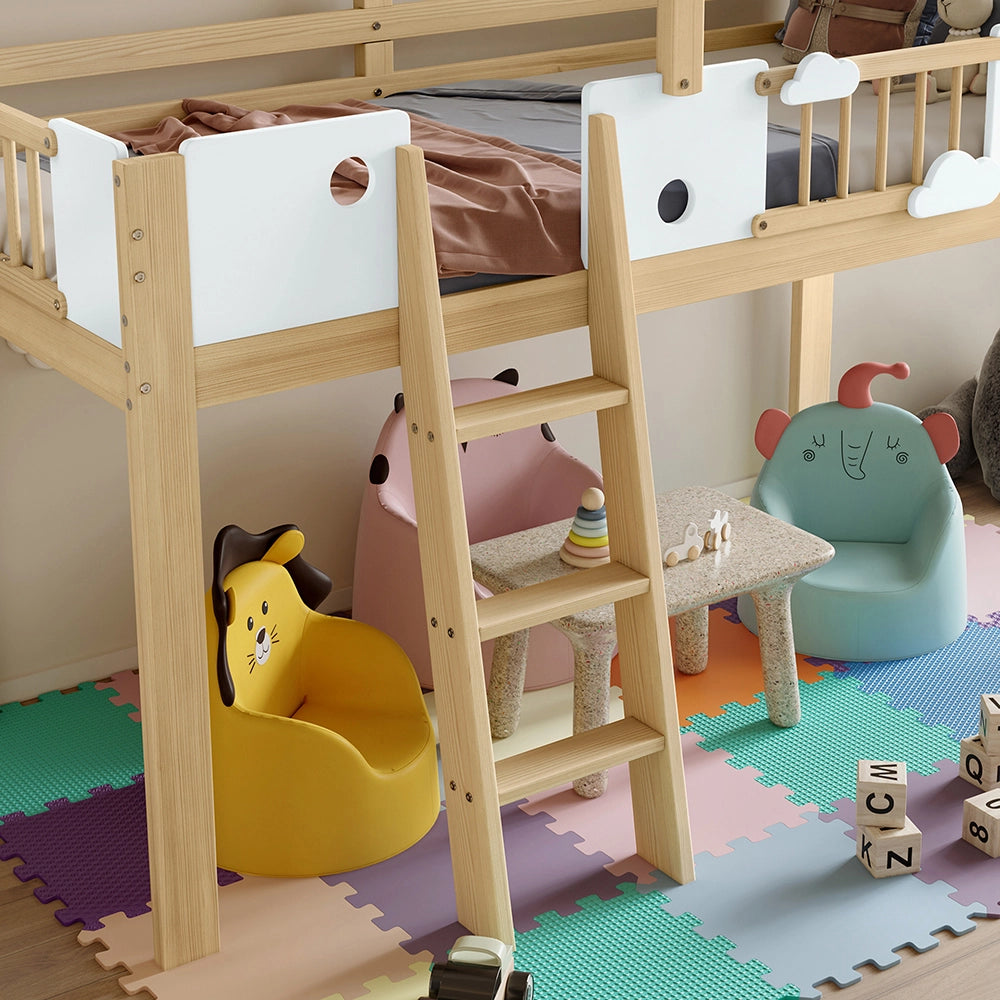 Letto a Castello Bambini con Tetto – Xylo – 90x200cm, Protezione Anti-Caduta, Scala Inclinata 3 Gradini, Bianco/Naturale