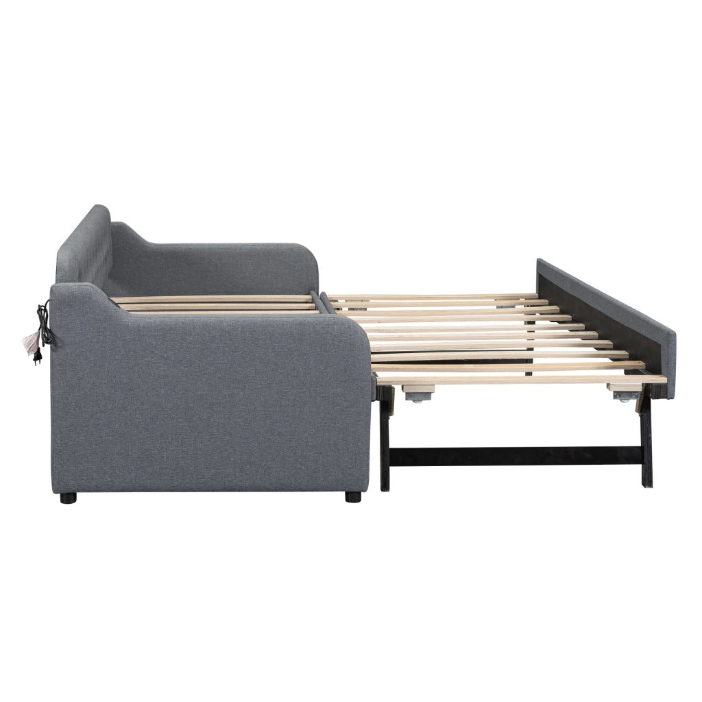 OKWISH Letto Divano 90×200 cm, Letto Singolo con Letto estraibile, USB e Presa, senza Materasso, in Lino, Grigio