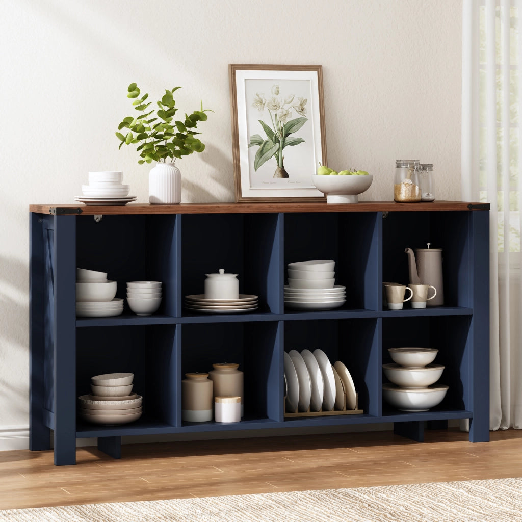 Libreria con 8 vani aperti; per soggiorno e cucina; in MDF blu; 140×34×75 cm