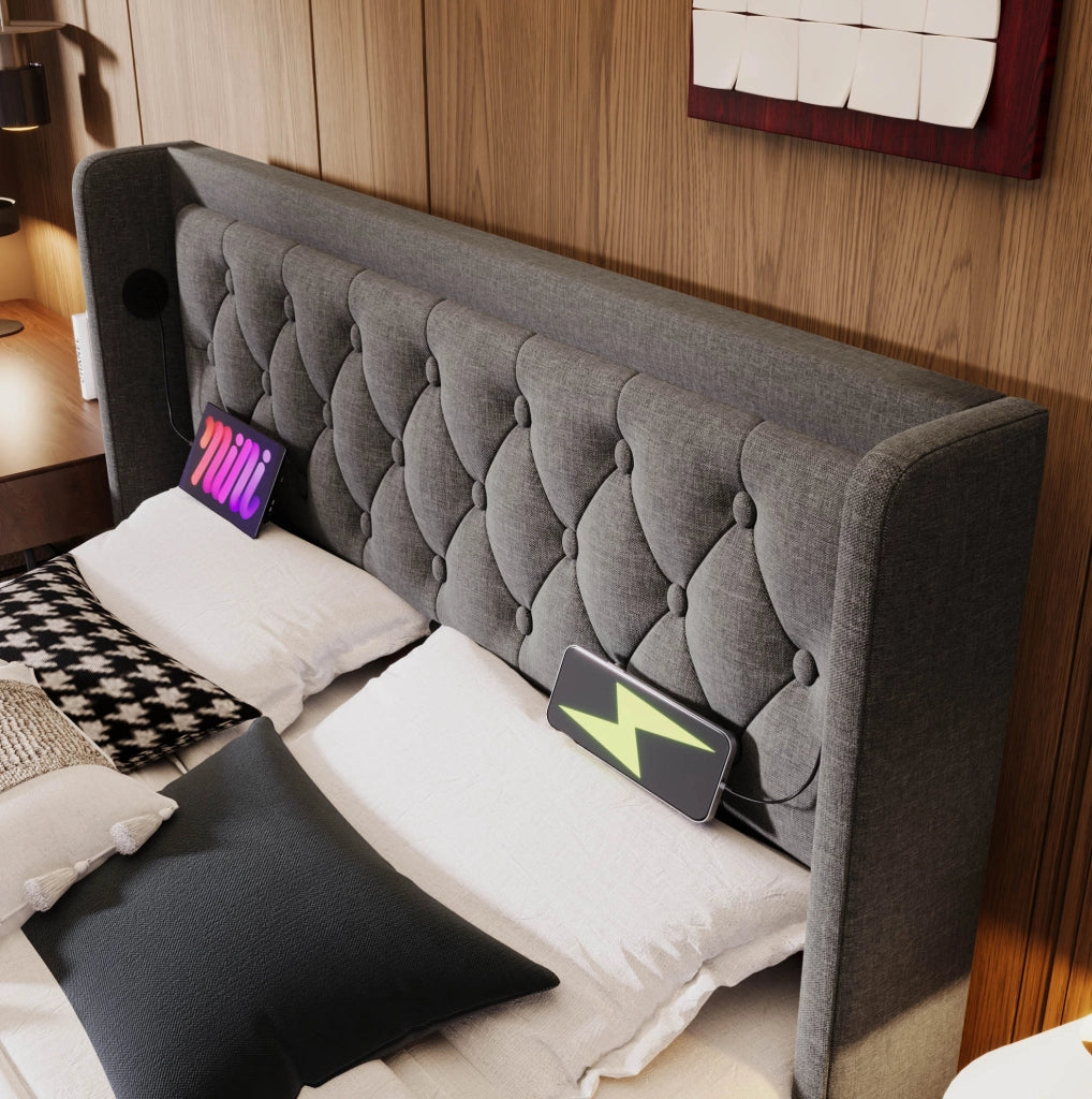 Letto matrimoniale imbottito 160x200 cm grigio con materasso