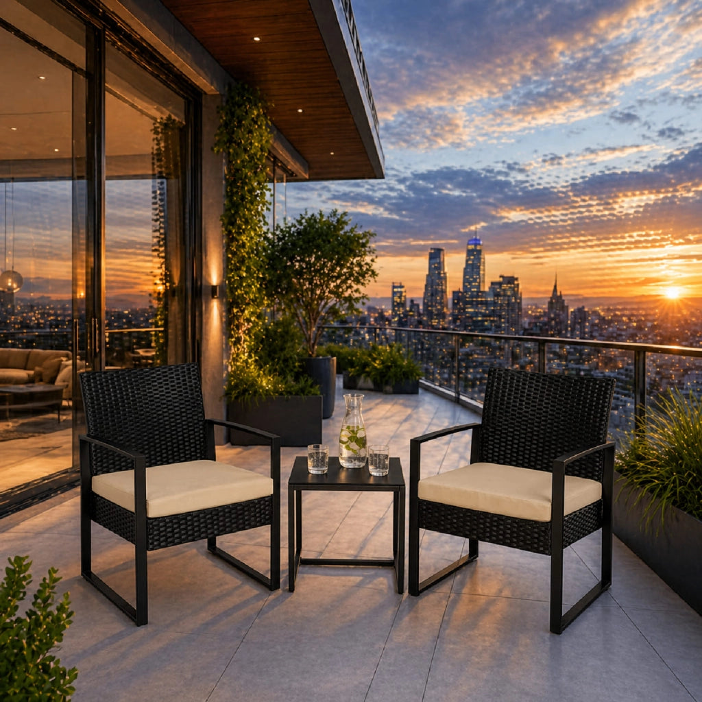 Set Arredo Da Giardino 2 Poltroncine Con Tavolino Ideale Per Esterno Balcone Terrazzo Patio Sedie Con Cuscini Beige Polyrattan E Metallo Design Moderno 57.5 x 63 x 76 Cm Nero