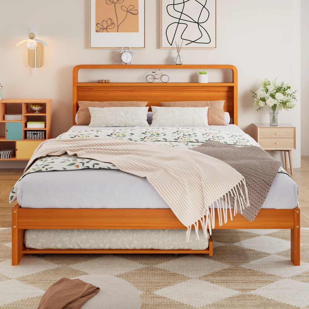 Letto estraibile 140 × 200 cm e 90 × 190 cm con letto ospite, testiera arrotondata, senza materasso, legno naturale