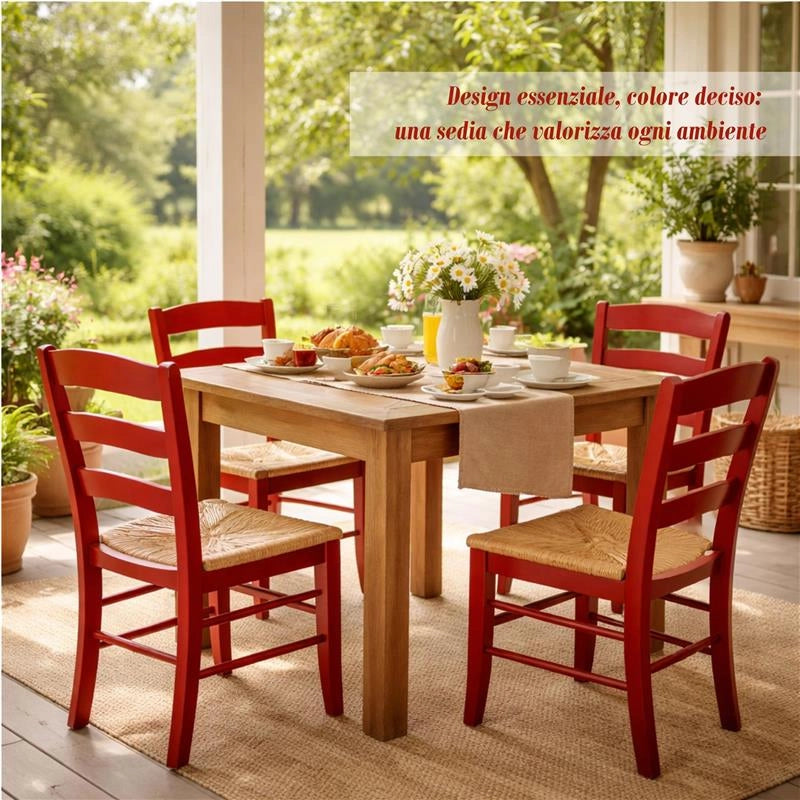 SET 4 SEDIE PAESANA IN LEGNO CON SEDUTA IN PAGLIA E SCHIENALE ALTO 42X40X87H CM  COLORE ROSSO