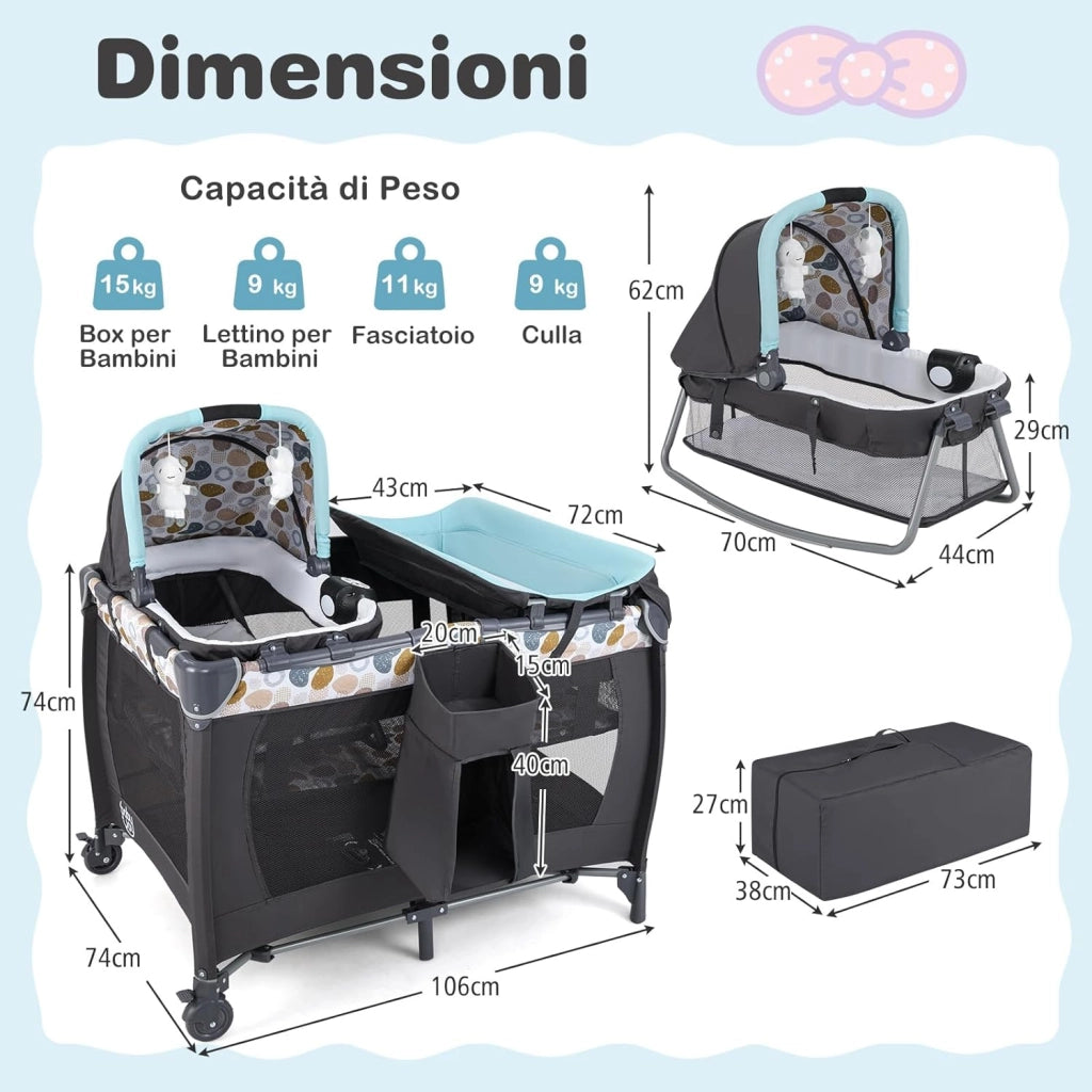 5 in 1 Culla Campeggio Bambini, Lettino Viaggio Neonati Pieghevole con Materasso, Fasciatoio, Box Portatile con Ruote, 2 Giocattoli e Carillon, per Bambini 0-3 Anni (Blu)