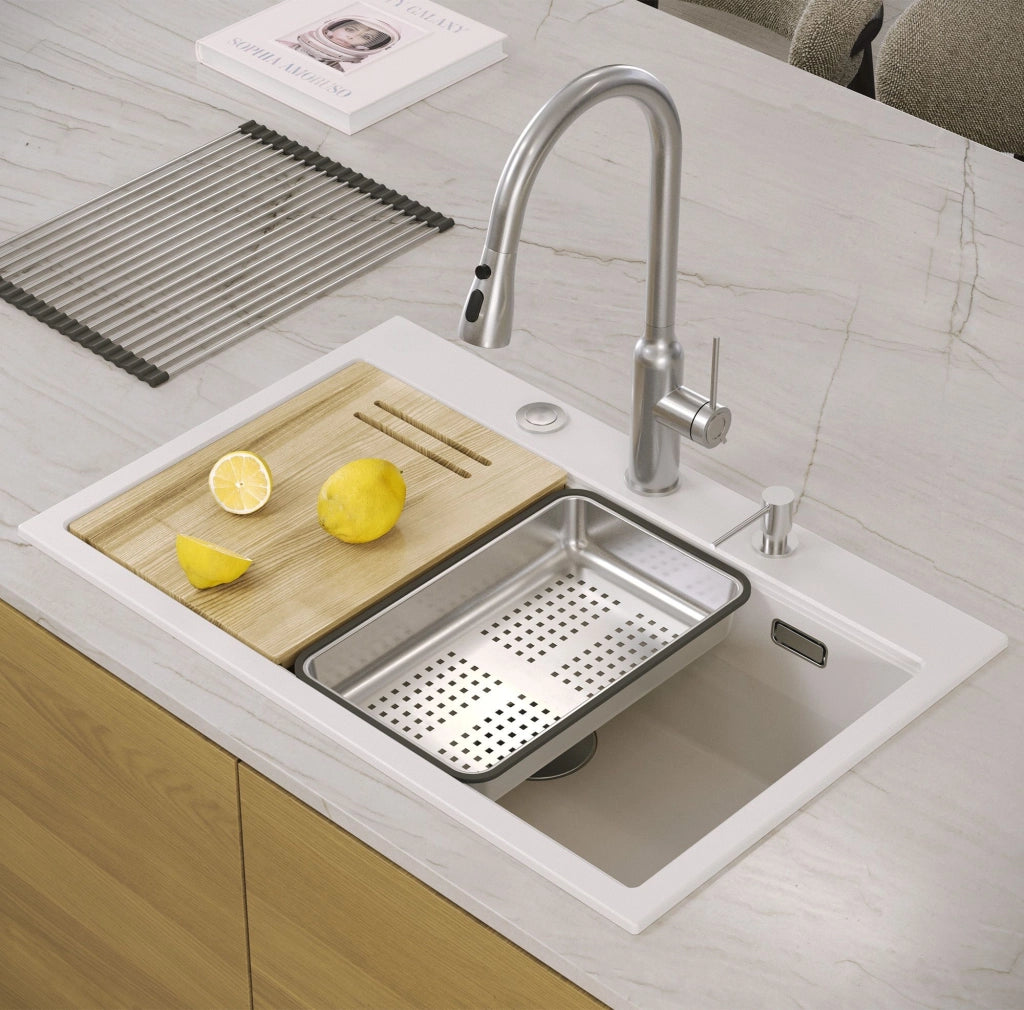 Lavello In Granito Marc 110 Workstation White Tappo oro