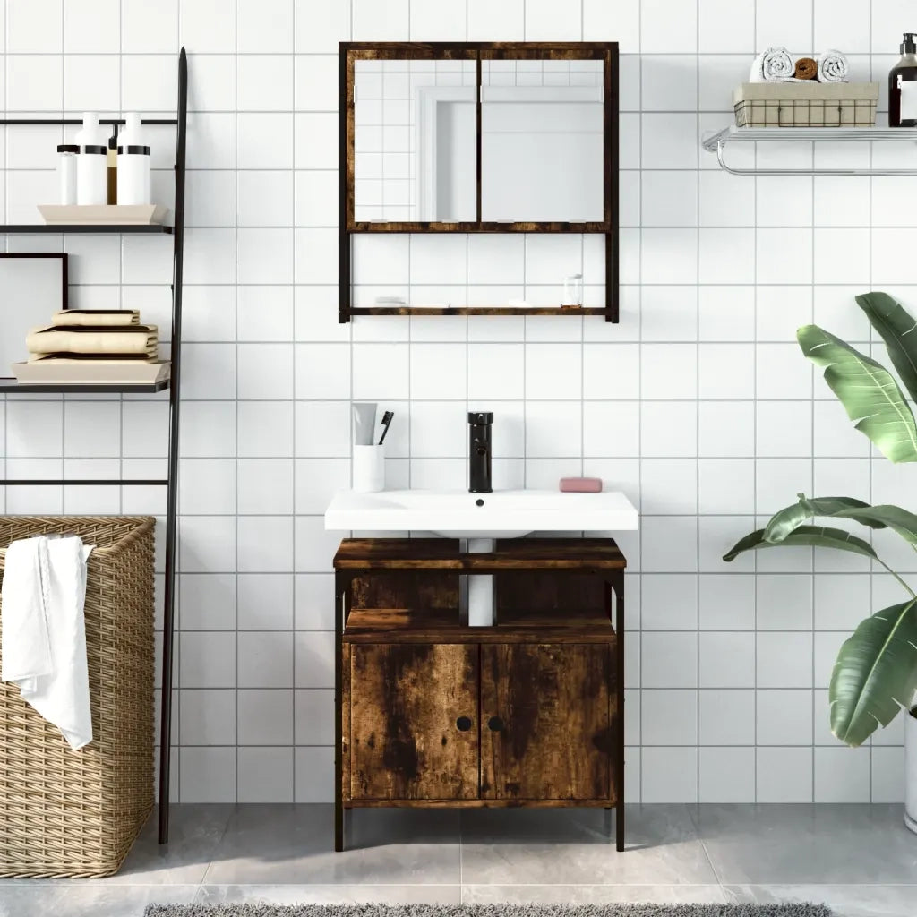 Set Mobili da Bagno | Armadio da bagno 2 pz Rovere Fumo in Legno Multistrato