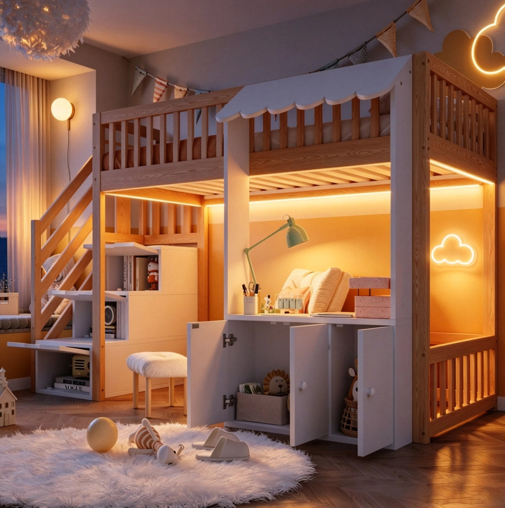 Letto a soppalco 90x200 cm con scala contenitore e luci colorate