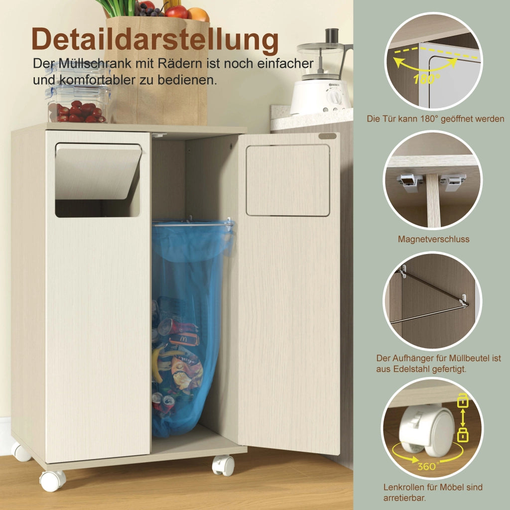 Mobile contenitore per raccolta differenziata con 2 vani, 4 ruote, per cucina e sala da pranzo, in MDF bianco, 46,7 × 35 × 80 cm