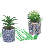 Trade Shop - Vaso In Ceramica Con Piantina Artificiale 15cm Pianta Idea Regalo Bomboniera Blu -