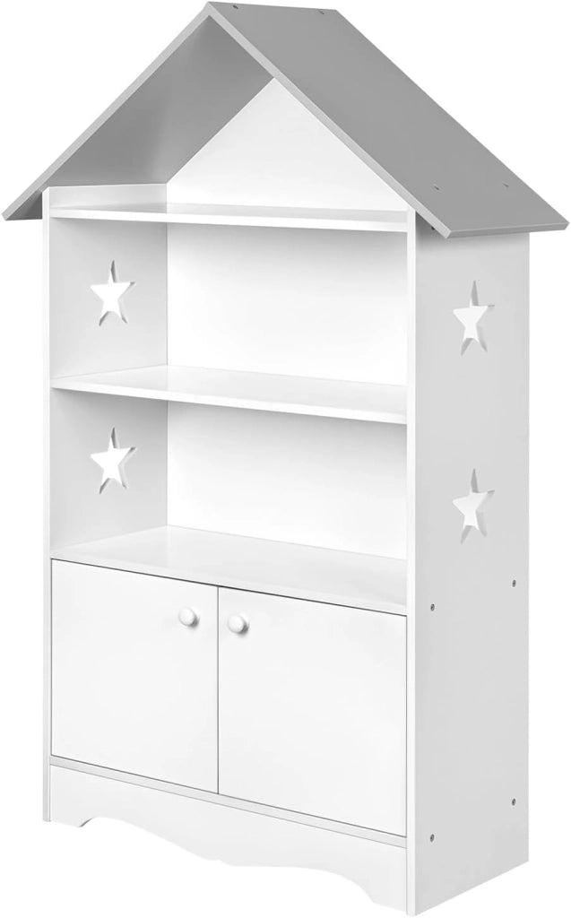 Libreria in Legno per Bambini, Scaffale a Forma di Casa, Porta Giochi Organizzatore per Cameretta, con Ante Bianco + Tetto Grigio 62x27,2x115cm