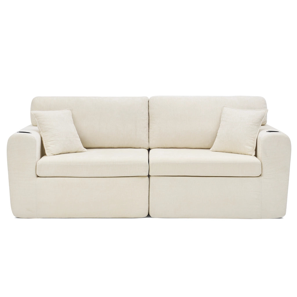 Divano lineare 2 posti con tasca laterale; portabicchieri e USB in chenille beige