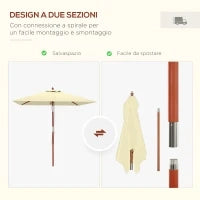 Ombrellone Rettangolare Inclinabile 2x1.5 m con 6 Stecche e Apertura a Corda, in Bambù e Poliestere Beige