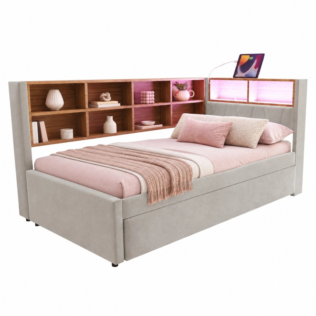 Divano letto multifunzionale 90x200 cm con letto estraibile 90x190 cm, LED, prese di ricarica e vani contenitore, grigio chiaro
